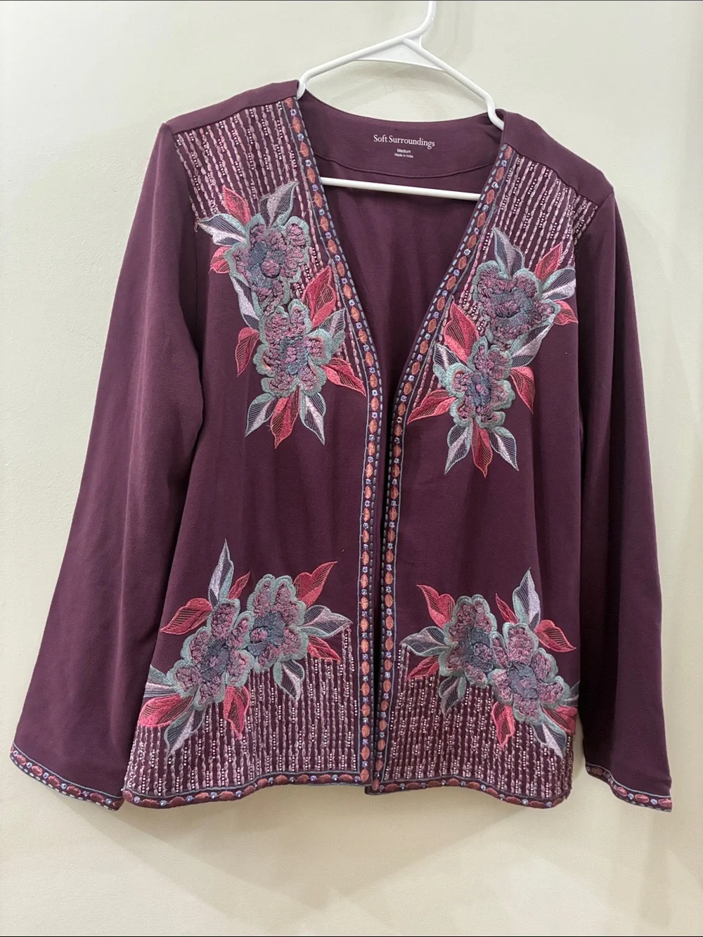 Soft Surroundings Plum Floral Embroidered Open Jacket - NWT - medium